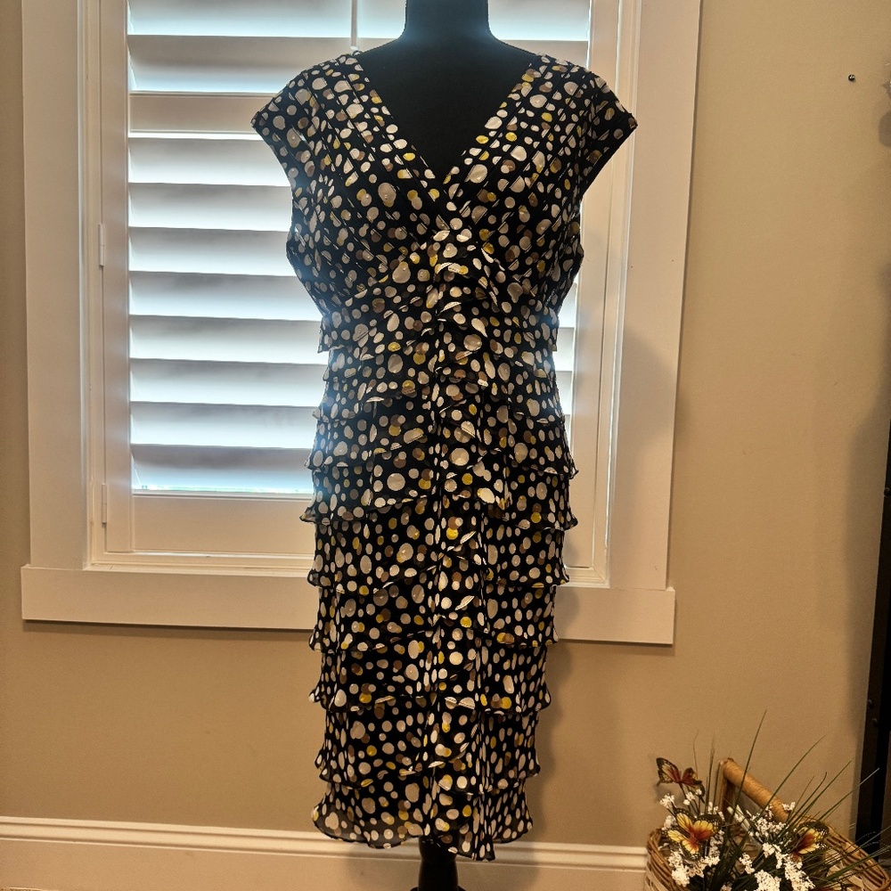 Adriann Papell Navy Blue Polkadot Chiffon & Mesh Ruffled Dress , Size 14